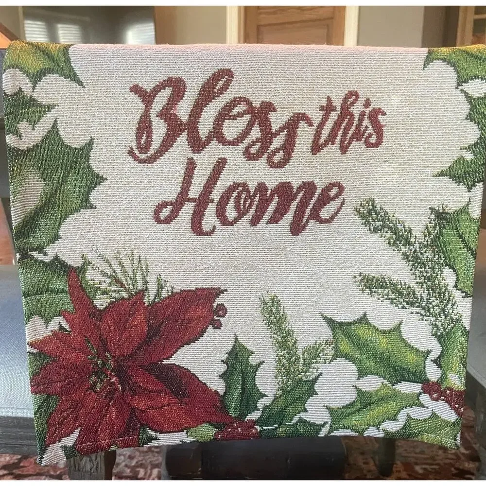 Bless This Home Christmas Poinsettia Tapestry Table Runner 13x70 Cream Red NWT